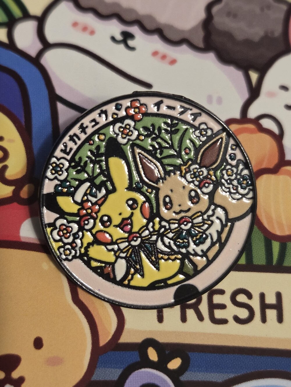 Pokemon Pikachu & Eevee Floral Enamel Pin - Yellow, Brown, Green, Pink
